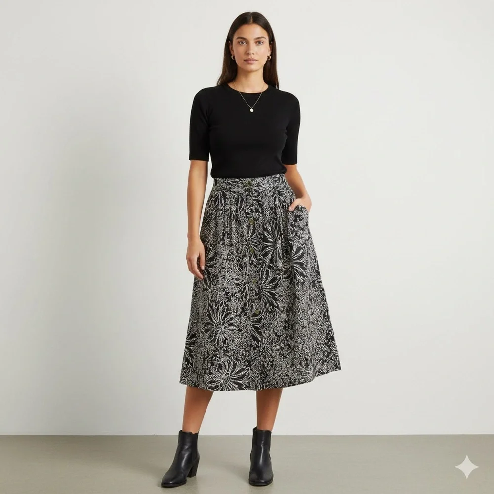 Size 14 Cachareal French Midi Black & White Floral Print - Picture 1 of 9